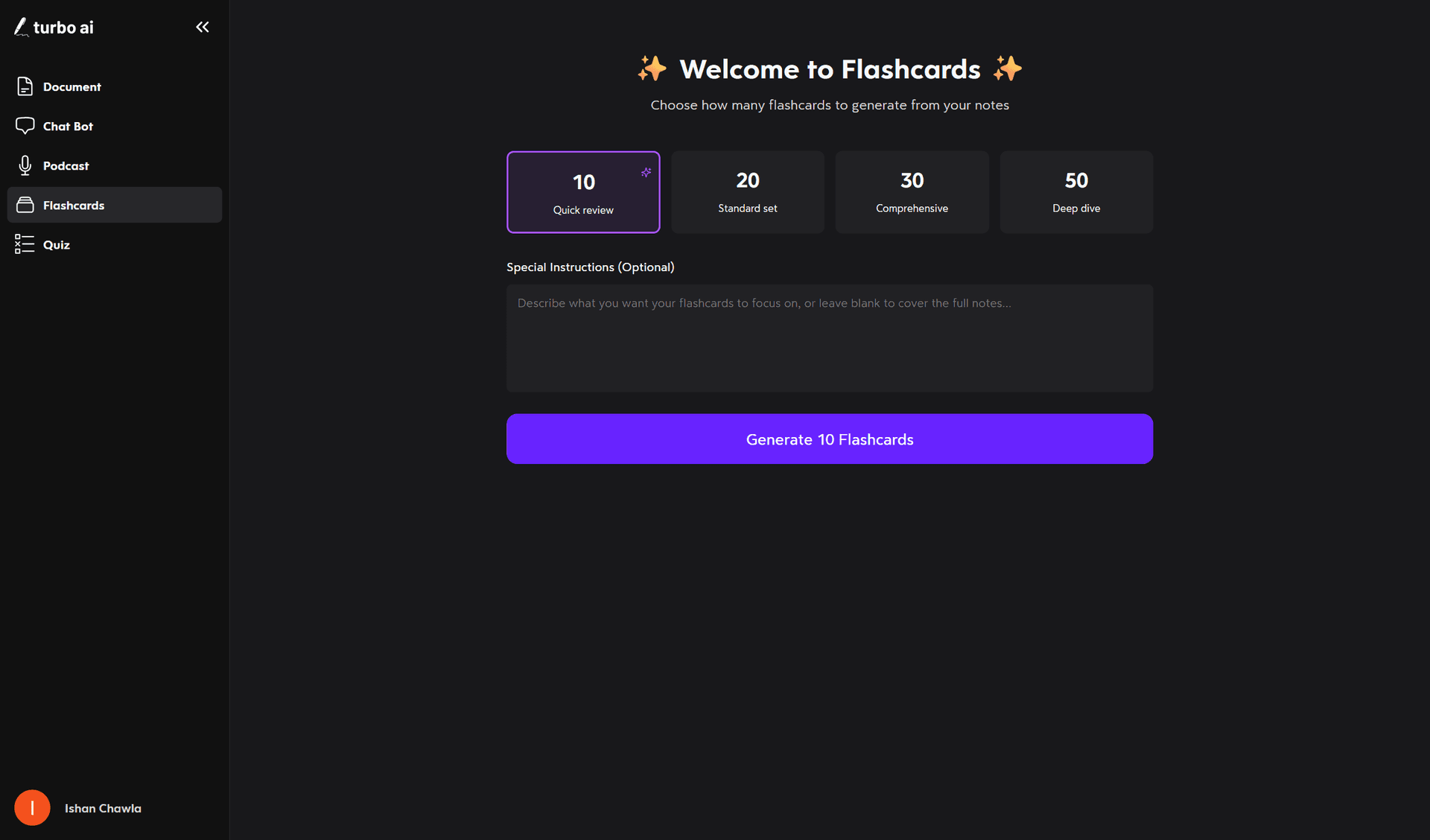 Turbo's Flashcard Selection Screen