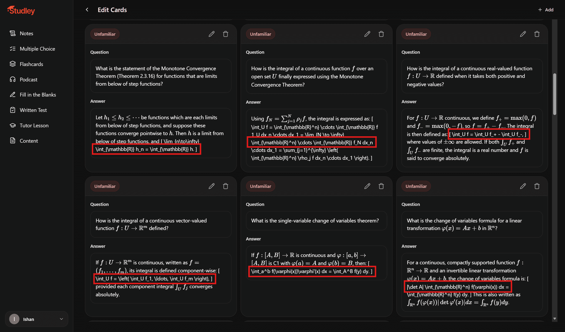 Studley's Math Flashcards with rendering errors highlighted